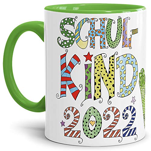 Tassendruck Geschenk Tasse zur Einschulung für Kinder mit Spruch - SCHULKIND 2022 - Geschenkidee zum Schulanfang/Erinnerung Schulbeginn/Erstklässler 2022 Junge - Innen & Henkel Hellgrün von PR Print Royal