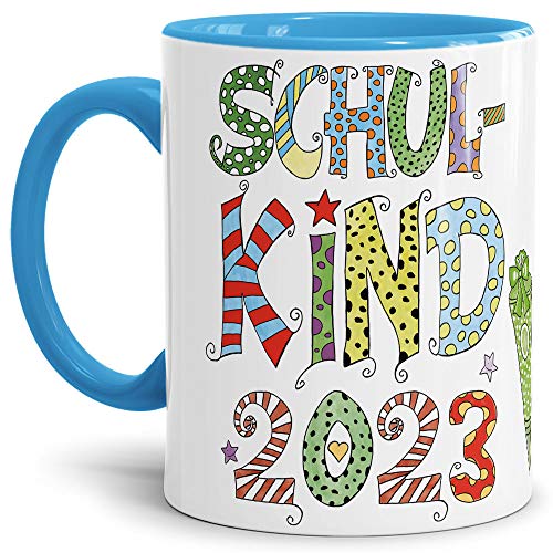 Tassendruck Geschenk Tasse zur Einschulung für Kinder mit Spruch - SCHULKIND 2023 - Geschenkidee zum Schulanfang/Erinnerung Schulbeginn/Erstklässler 2023 Junge - Innen & Henkel Hellblau von PR Print Royal