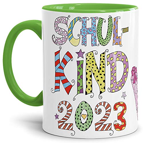 Tassendruck Geschenk Tasse zur Einschulung für Kinder mit Spruch - SCHULKIND 2023 - Geschenkidee zum Schulanfang/Erinnerung Schulbeginn/Erstklässler 2023 Mädchen - Innen & Henkel Hellgrün von PR Print Royal