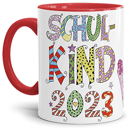 Tassendruck Geschenk Tasse zur Einschulung für Kinder mit Spruch - SCHULKIND 2023 - Geschenkidee zum Schulanfang/Erinnerung Schulbeginn/Erstklässler 2023 Mädchen - Innen & Henkel Rot von PR Print Royal