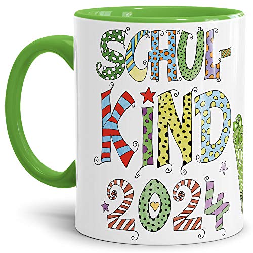 Tassendruck Geschenk Tasse zur Einschulung für Kinder mit Spruch - SCHULKIND 2024 - Geschenkidee zum Schulanfang/Erinnerung Schulbeginn/Erstklässler 2024 Junge - Innen & Henkel Hellgrün von PR Print Royal