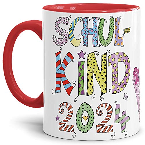 Tassendruck Geschenk Tasse zur Einschulung für Kinder mit Spruch - SCHULKIND 2024 - Geschenkidee zum Schulanfang/Erinnerung Schulbeginn/Erstklässler 2024 Mädchen - Innen & Henkel Rot von PR Print Royal