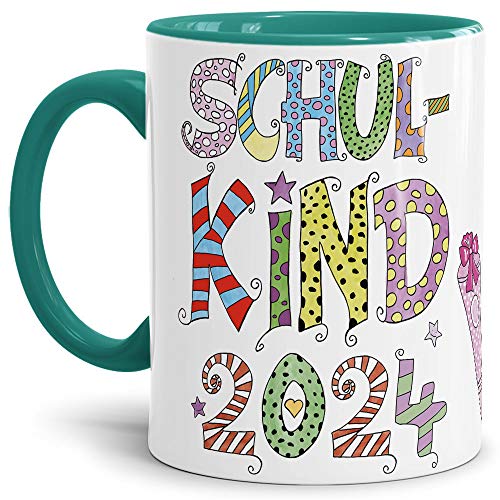 Tassendruck Geschenk Tasse zur Einschulung für Kinder mit Spruch - SCHULKIND 2024 - Geschenkidee zum Schulanfang/Erinnerung Schulbeginn/Erstklässler 2024 Mädchen - Innen & Henkel Türkis von PR Print Royal