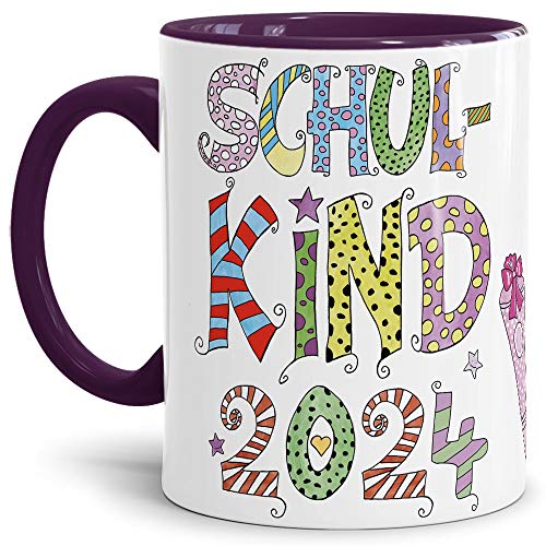 Tassendruck Geschenk Tasse zur Einschulung für Kinder mit Spruch - SCHULKIND 2024 - Geschenkidee zum Schulanfang/Erinnerung Schulbeginn/Erstklässler 2024 Mädchen - Innen & Henkel Violett von PR Print Royal