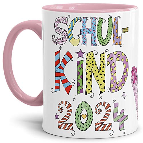 Tassendruck Geschenk Tasse zur Einschulung für Kinder mit Spruch - SCHULKIND 2024 - Geschenkidee zum Schulanfang/Erinnerung Schulbeginn/Erstklässler 2024 Mädchen - Innen & Henkel Rosa von PR Print Royal