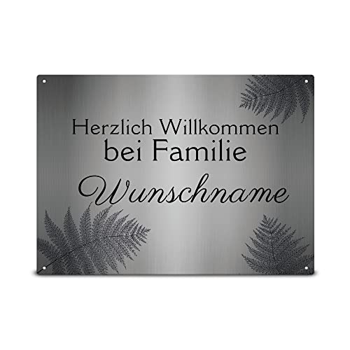 Wetterfestes Türschild Familie mit Namen - Willkommen bei Familie Ihr Name - Familienschild personalisiert Haustür Schilder Familie mit Name | Metallschild mit Farn, 21x15 cm von PR Print Royal