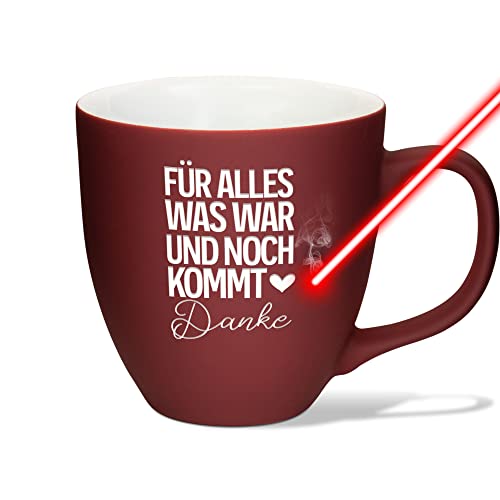 XXL Jumbotasse graviert mit Spruch - Danke - Hochwertige Porzellan-Tasse mit Gravur, Soft Touch Oberfläche matt, Geschenk beste Freundin Geburtstag Weihnachten | Dragon Wine-Red, 400 ml von PR Print Royal