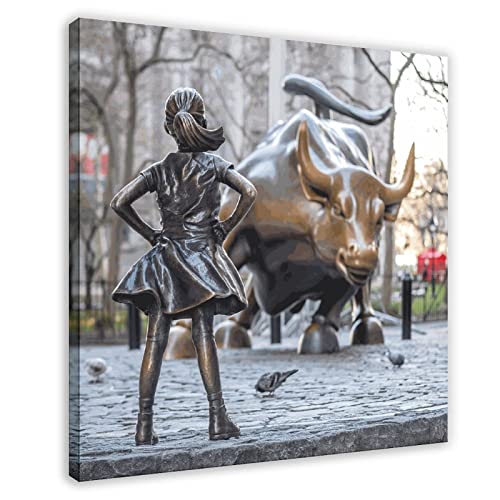 Fearless Girl Charging Bull Statue Wall Street Leinwand Poster (5) Leinwand Poster Schlafzimmer Dekor Sport Landschaft Büro Zimmer Dekor Geschenk Rahmen Stil 40 x 40 cm von PRACIM