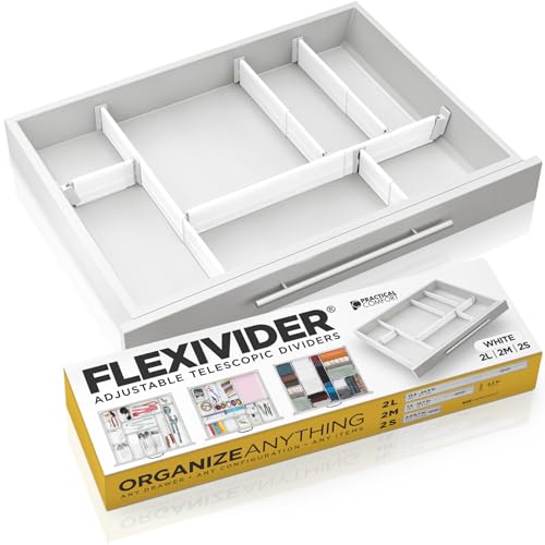 PRACTICAL COMFORT Verstellbarer Schubladen-Organizer – FLEXIVIDER Teleskop-Aluminium-Schubladenteiler (Set aus 2 Lang, 2 Mittel, 2 Kurz, Weiß) für anpassbare Aufbewahrung von PRACTICAL COMFORT
