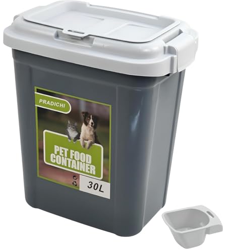 PRADICHI Frischhaltedose für Tierfutter mit Klappdeckel und integrierter Schaufel – Luftdichter Kunststoffbehälter für Hunde-, Katzen-, Vogel- und Tier-Trockenfutter – 15 kg Kapazität – 20 l/30 l/40 l von PRADICHI