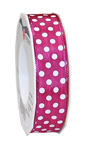 PRÄSENT Polka DOTS Band mit Drahtkante Magenta/weiß, 20 m gepunktetes Dekoband, 25 mm Breite, leicht biegsames Schleifenband zum Dekorieren & Basteln, für besondere Anlässe von PRÄSENT