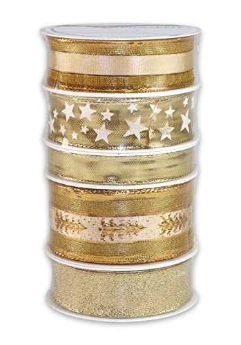 PRÄSENT WEIHNACHTEN gold, 5 x 3 m Schleifenband, in verschiedenen Breiten, Geschenkbandset für Verpackungen und Dekorationen, weiche Stoffbänder in fünf verschiedenen Varianten PRÄSENT WEIHNACHTEN gold, 5 x 3 m Schleifenband, in verschiedenen Breiten, Geschenkbandset für Verpackungen und Dekorationen, weiche Stoffbänder in fünf verschiedenen Varianten von PRÄSENT