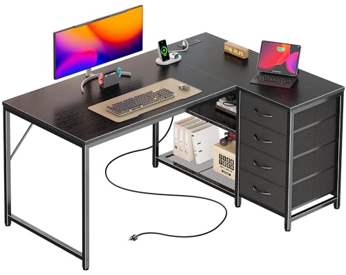 PRAISUN 110 cm L-förmiger Schreibtisch mit Steckdosen und USB-C-Anschluss, wendbarer Computer-Eck-Bürotisch mit 4 Stoffschubladen und 2 höhenverstellbaren Regalen, klein für Gaming, Schreiben, Arbeit PRAISUN 110 cm L-förmiger Schreibtisch mit Steckdosen und USB-C-Anschluss, wendbarer Computer-Eck-Bürotisch mit 4 Stoffschubladen und 2 höhenverstellbaren Regalen, klein für Gaming, Schreiben, Arbeit von PRAISUN