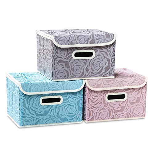 PRANDOM Aufbewahrungsbox mit Deckel,Rosenmuster Stoff Aufbewahrungskörbe,Dekorative Stapelboxen,Würfel,Faltbare Organizer,Behälter,Multicoloured(3 Stück) 25x20x17cm,Schlafzimme,Schrank von PRANDOM