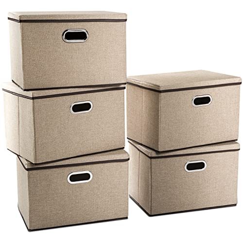 PRANDOM Aufbewahrungsbox mit Deckel Groß,Faltbarer Leinen Stoff Aufbewahrungsboxen, Aufbewahrungskorb mit Griff,Dekorative Stapelboxen,Organizer Container,Khaki[5-stück] 43x30x30cm von PRANDOM