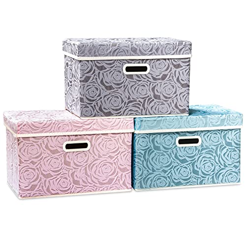 PRANDOM Aufbewahrungsbox mit Deckel Groß,Rosenmuster Stoff Aufbewahrungskörbe,Dekorative Stapelboxen,Würfel,Faltbare Organizer,Behälter,Multicoloured(3 Stück) 43x30x30cm,Schlafzimme,Schrank von PRANDOM