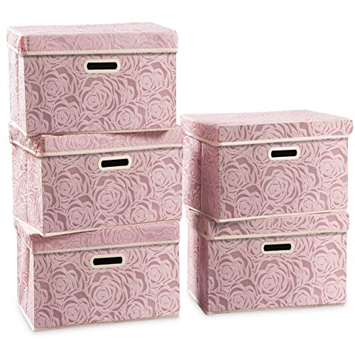 PRANDOM Aufbewahrungsbox mit Deckel,Rosenmuster Stoff Aufbewahrungskörbe,Würfel,Faltbare Organizer,Boxen,Behälter,Rosa(5 Stück) 38x25x25cm,Schlafzimme,Schrank von PRANDOM