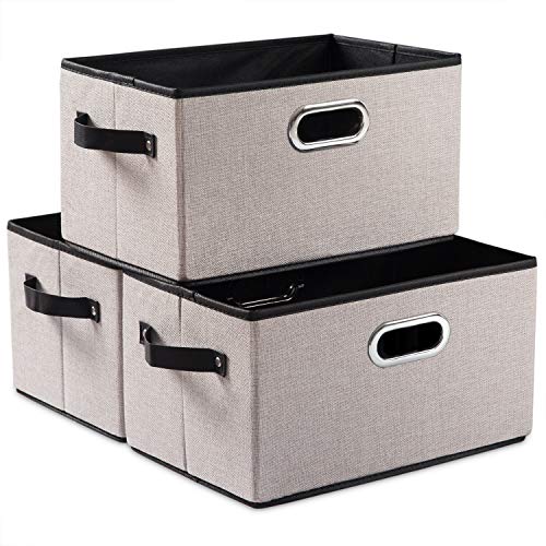 PRANDOM Fodable Storage Bins for Closet [3er-Pack] Decorative Fabric Storage Baskets Cubes with Leather/Metal Handles for Shelves Bedroom Living Room Light Grey (29x22x17cm) von PRANDOM