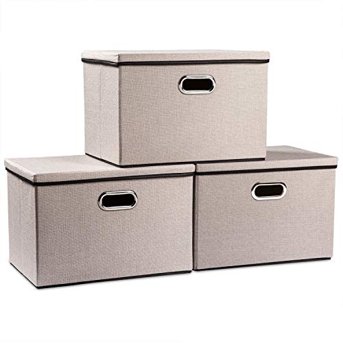 PRANDOM Große faltbare Aufbewahrungsboxen mit Deckel [3er Pack] Leinenstoff dekorative Organizer Container Körbe Würfel Griffen Trennwand für Schlafzimmer Schrank Büro Hellgrau (45x30x30cm) von PRANDOM