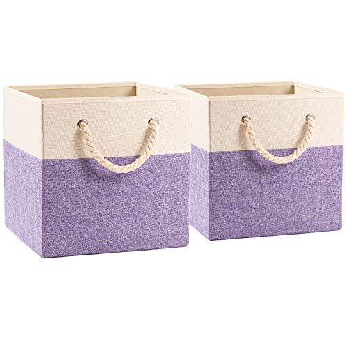 PRANDOM Große faltbare Würfel-Aufbewahrungskörbe Stoff-Leinen-Aufbewahrungskörbe Würfel-Schublade mit Baumwollgriffen Organizer für Regale Spielzeugschrank Schlafzimmer, Lila，33x33x33 cm[2er-Pack] von PRANDOM