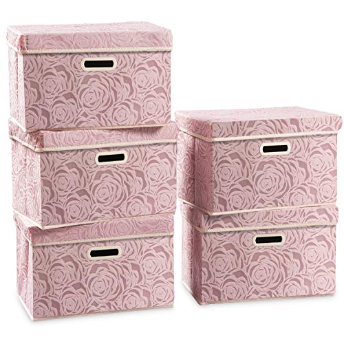 Prandom Faltbare Aufbewahrungsboxen mit Deckel [5er Pack] Stoff Dekorative Aufbewahrungskörbe Würfel Organizer Container Körbe Griffe Pink 38 x 25 x 25 cm von PRANDOM
