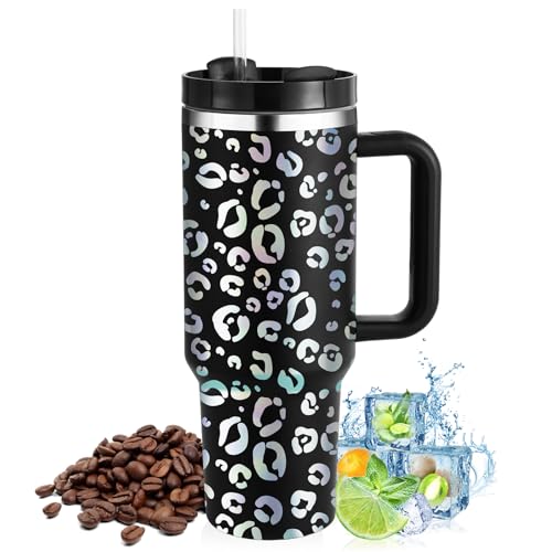PRAOAHEI 40oz Thermobecher mit Strohhalm und Henkel,1180 ML Aufgewertet Doppelwandiger Edelstahl Heiße Kalte Getränke Vakuum Trinkbecher,Kaffeebecher für Zuhause Reisen Schwarz von PRAOAHEI