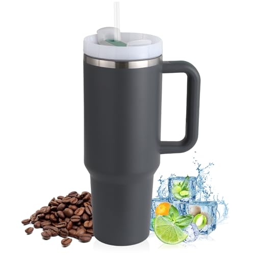 PRAOAHEI 40oz Thermobecher mit Strohhalm und Henkel, Aufgewertet Doppelwandiger Edelstahl Heiße Kalte Getränke Vakuum Trinkbecher,Kaffeebecher für Zuhause Reisen Dunkelgrau von PRAOAHEI