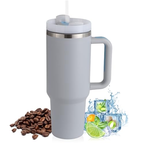 PRAOAHEI 40oz Thermobecher mit Strohhalm und Henkel, 1180 ML Doppelwandiger Edelstahl Heiße Kalte Getränke Vakuum Trinkbecher, Kaffeebecher für Zuhause Reisen Hell Grau von PRAOAHEI