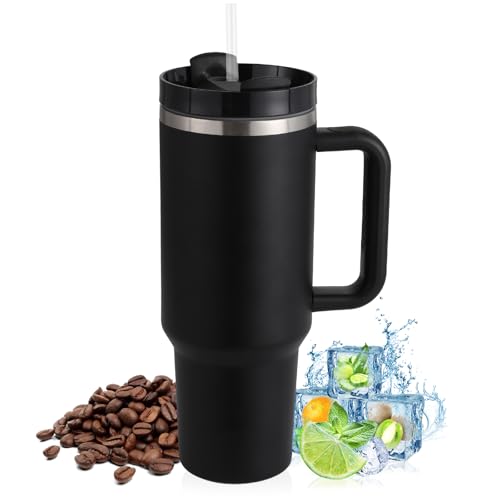 Praoahei 40oz Thermobecher mit Strohhalm und Henkel,1180 ML Doppelwandiger Edelstahl Heiße Kalte Getränke Vakuum Trinkbecher,Kaffeebecher für Zuhause Reisen Schwarz von PRAOAHEI