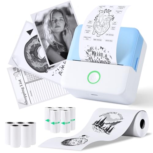PRAOAHEI Mini Drucker, Tragbarer Fotodrucker mit 10 Rollen Druckerpapier, Bluetooth-Etikettendrucker, Thermodrucker für Notizen, Fotos, Tagebücher, Heimwerken, kompatibel mit iOS und Android (Blau) von PRAOAHEI