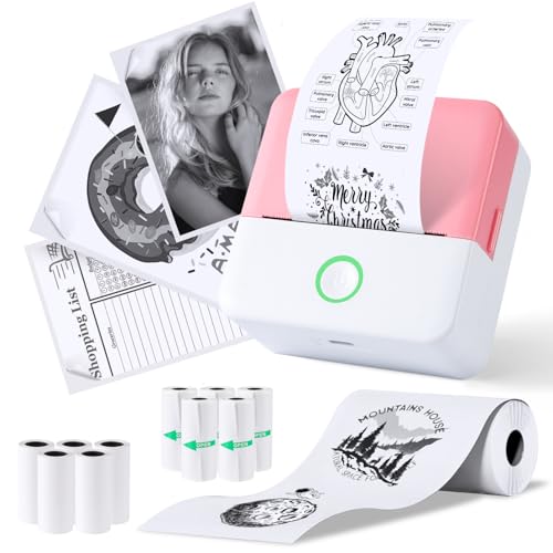 PRAOAHEI Mini Drucker, Tragbarer Fotodrucker mit 10 Rollen Druckerpapier, Bluetooth-Etikettendrucker, Thermodrucker für Notizen, Fotos, Tagebücher, Heimwerken, kompatibel mit iOS und Android (Rosa) von PRAOAHEI