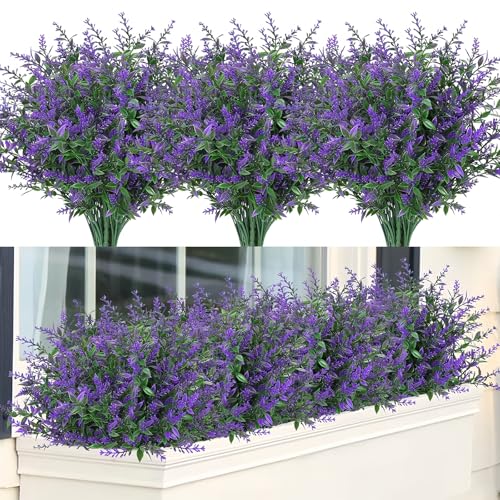 12 Künstliche Balkonpflanzen Balkon Blumen Künstlich Außenbereich Balkon Deko Wetterfest Plastikblumen Deko Künstlicher Lavendel Outdoor Geeignet für Innen und Außenbalkone,Garten Balkonkasten(Lila) von PRBUEHI