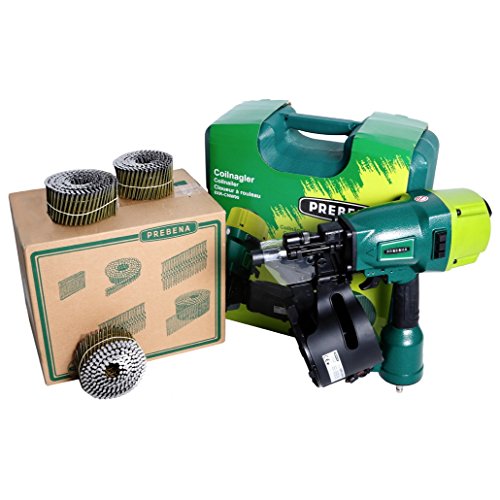 Prebena 8XR-CNW90 Coilnagler Druckluftnagler im Transportkoffer + Prebena CNW25 / 65BKRI Coilnägel Ringschaft 7200 Stück von PREBENA