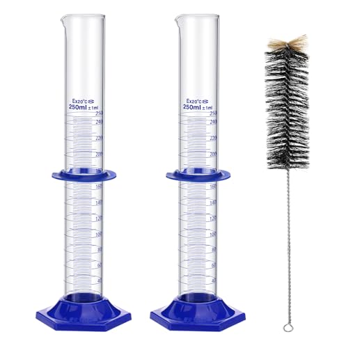 PRECIPETTE 2 Pcs Messzylinder Glas 250ml Messzylinder Borosilikatglas Dickglas Laborzylinder mit einer Reinigungsbürste Laborglaswaren für Flüssigkeitsmessung von PRECIPETTE