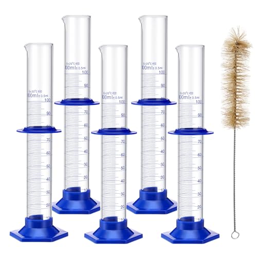 PRECIPETTE 5 Pcs Messzylinder Glas 100ml Messzylinder Borosilikatglas Dickglas Laborzylinder mit einer Reinigungsbürste Laborglaswaren für Flüssigkeitsmessung von PRECIPETTE