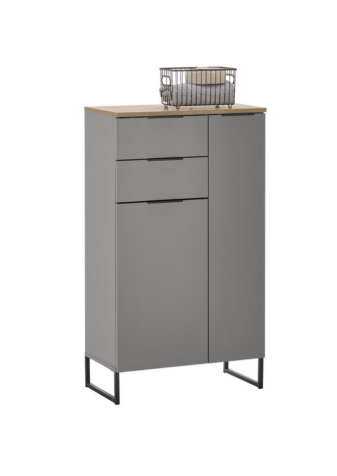 PREISBRECHER Badkommode Denver, 2 Türen/Schübe, grau matt / evoke eiche - 60x106x32 (BxHxT) von PREISBRECHER