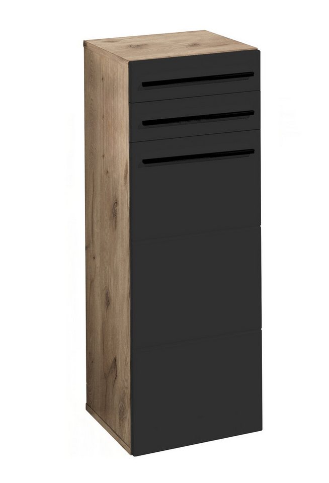PREISBRECHER Badkommode Vista, 1 Tür, 2 Schübe, schwarz matt / viking oak Dekor - 34x104x31cm (BxHxT) von PREISBRECHER