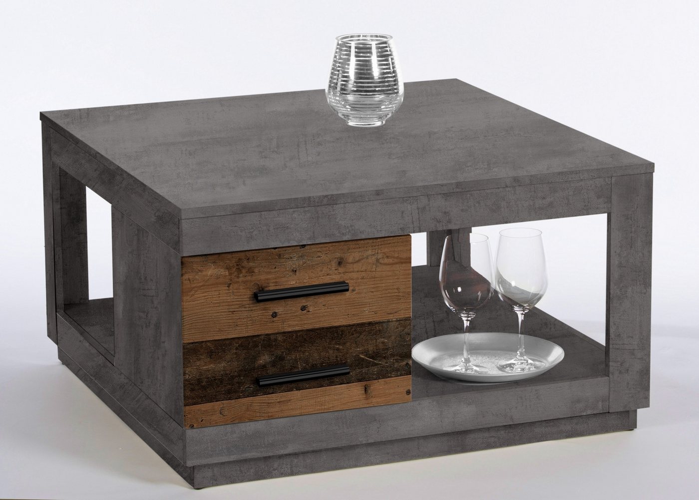 PREISBRECHER Couchtisch Fulda, 2 Schübe, betonoxid, Old Style - 80x45,6x80cm (BxHxT) von PREISBRECHER