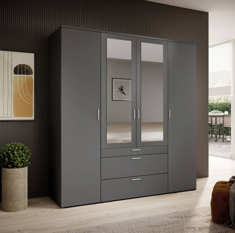 PREISBRECHER Drehtürenschrank Vesala 4 Türen, 3 Schübe, Graphit / Spiegel - 180x195x56cm (BxHxT) von PREISBRECHER