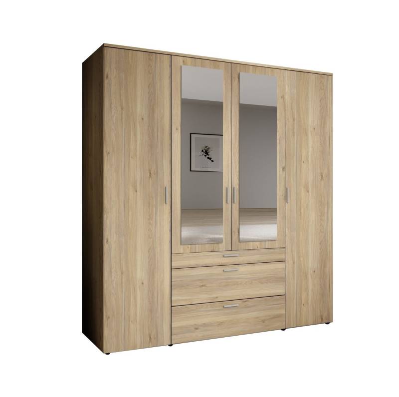 PREISBRECHER Drehtürenschrank Vesala 4 Türen, 3 Schübe, Mauvella Oak / Spiegel - 180x195x56 (BxHxT) von PREISBRECHER