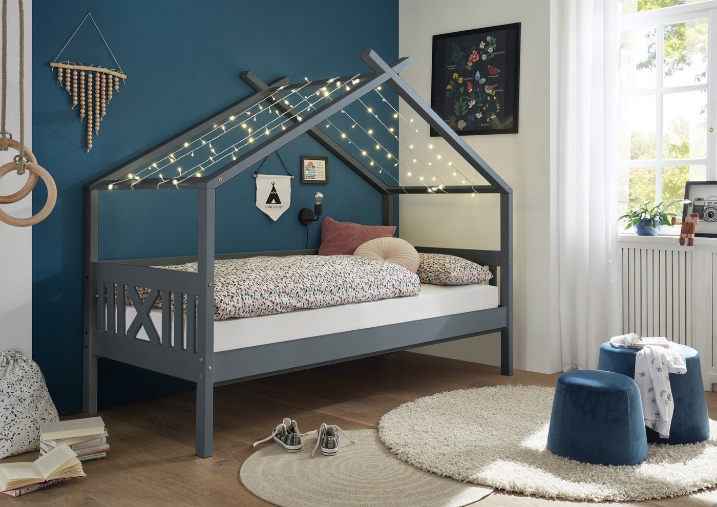 PREISBRECHER Kinderbett Liliane, Himmelbett, grau lackiert, Kiefer massiv - 209x170x98cm (BxHxT) von PREISBRECHER