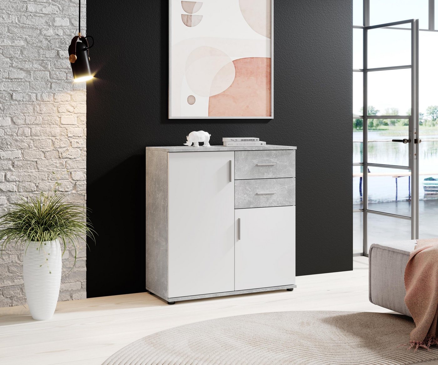 PREISBRECHER Kommode Kommode >Freida< in Weiß - 80x82x35cm (BxHxT) (B/H/T 80 x 82 x 35 cm), aus Spanplatte, in Beton / Weiß, mit 2 Türen, 2 Schubkästen von PREISBRECHER
