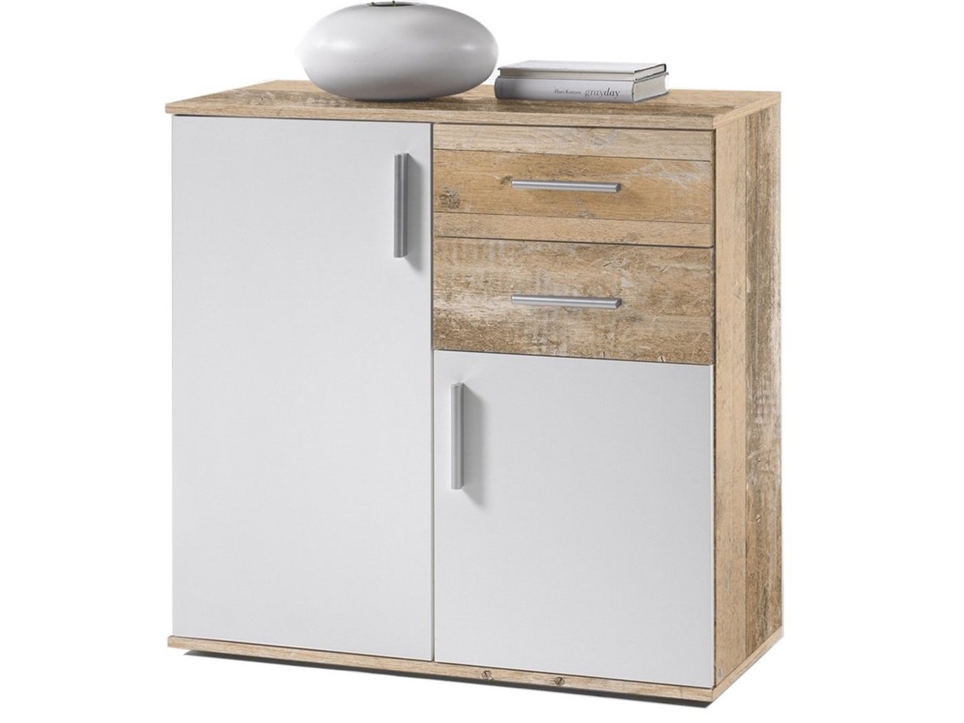 PREISBRECHER Kommode Kommode >Freida< in Weiß - 80x82x35cm (BxHxT) (B/H/T 80 x 82 x 35 cm), aus Spanplatte, in Old Style hell/Weiß, mit 2 Türen, 2 Schubkästen von PREISBRECHER