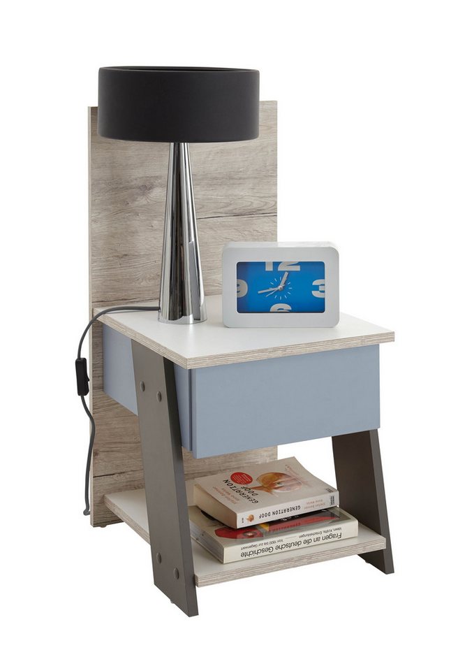 PREISBRECHER Nachtkonsole NONA 3, in Sandeiche Dekor-weiß-Lava-Denim - 34x69,5x39cm (BxHxT) von PREISBRECHER