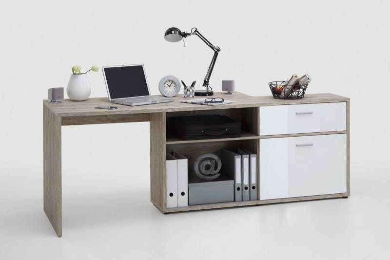 PREISBRECHER Schreibtisch DIEGO, in Sandeiche Dekor-hochlanz weiß - 138x75x138cm (BxHxT) von PREISBRECHER