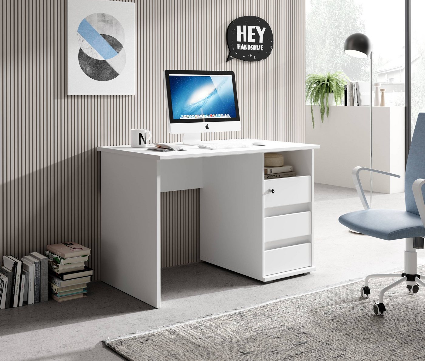 PREISBRECHER Schreibtisch Flinn, in Weiß matt mit 3 Schubladen. Abmessungen (BxHxT) 110x75x65 cm von PREISBRECHER