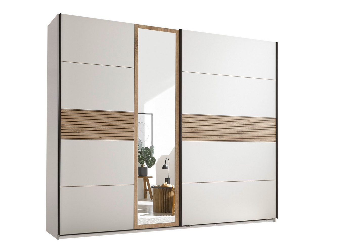 PREISBRECHER Schwebetürenschrank Leo 3 Böden, 3 Stangen, Viking Oak hell / Weiß - 270,1x225,5x59,6 (BxHxT) von PREISBRECHER