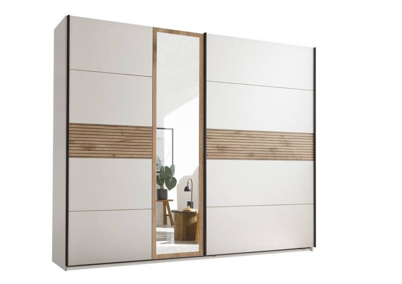 PREISBRECHER Schwebetürenschrank Leo 3 Böden, 3 Stangen, Viking Oak hell / Weiß - 270,1x225,5x59,6 (BxHxT) von PREISBRECHER