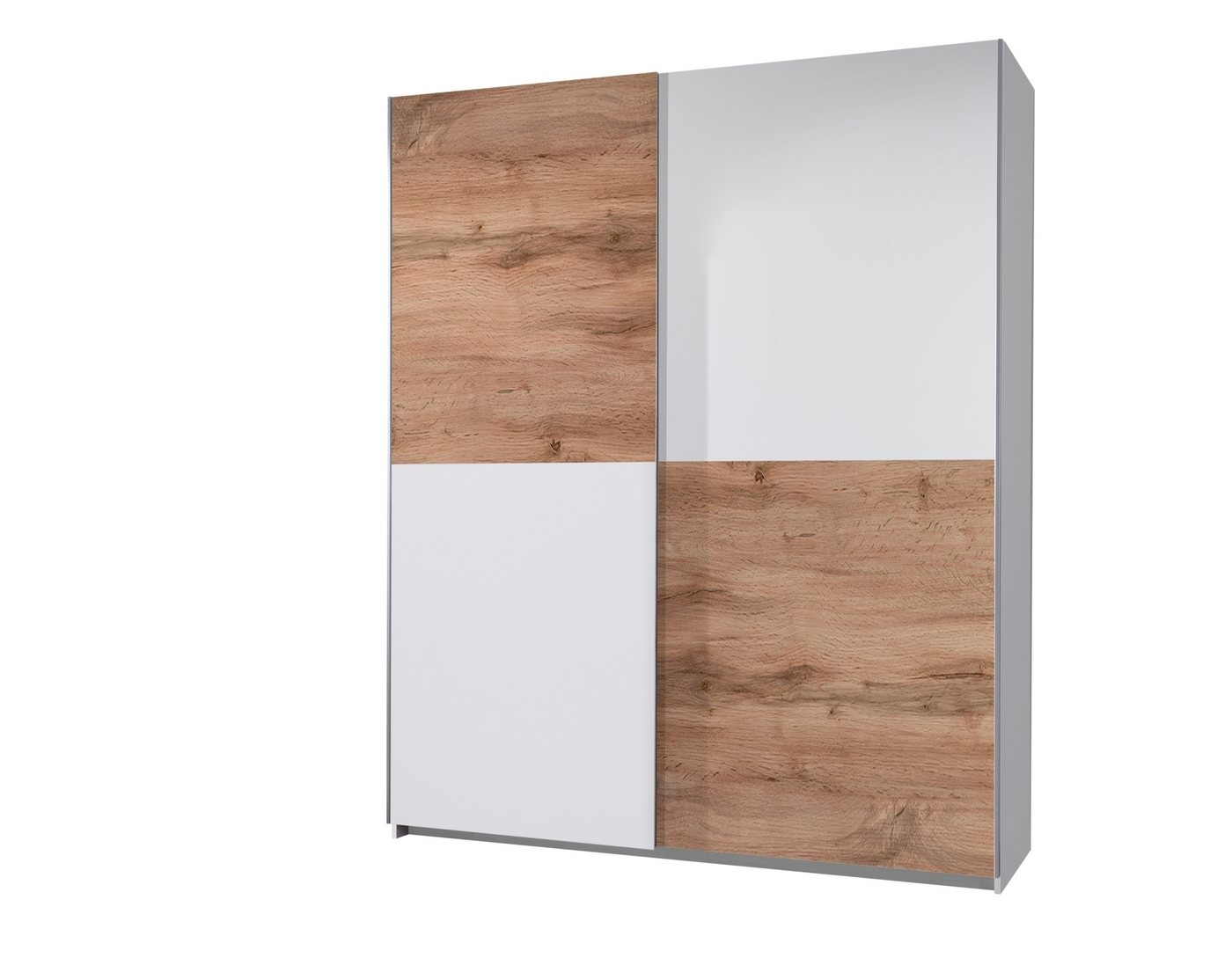 PREISBRECHER Schwebetürenschrank Time 2 Böden, 2 Stangen, Weiß / Wildeiche Dekor - 170x195x59 (BxHxT) von PREISBRECHER