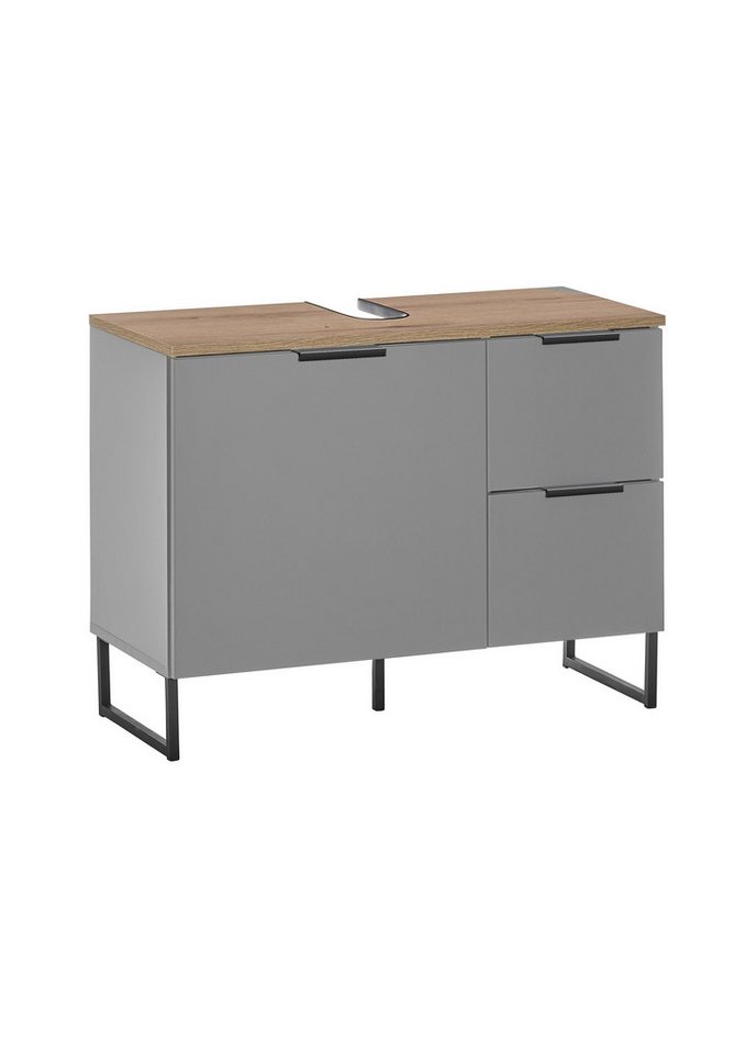 PREISBRECHER Waschbeckenunterschrank Denver 1 Tür, 2 Schübe, grau matt / evoke eiche - 80x60x35cm (BxHxT) von PREISBRECHER